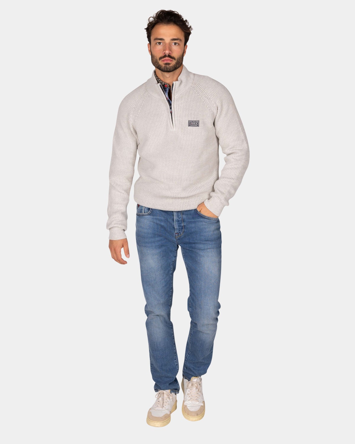 Gray cotton sweater with half-zip - Grey Melange