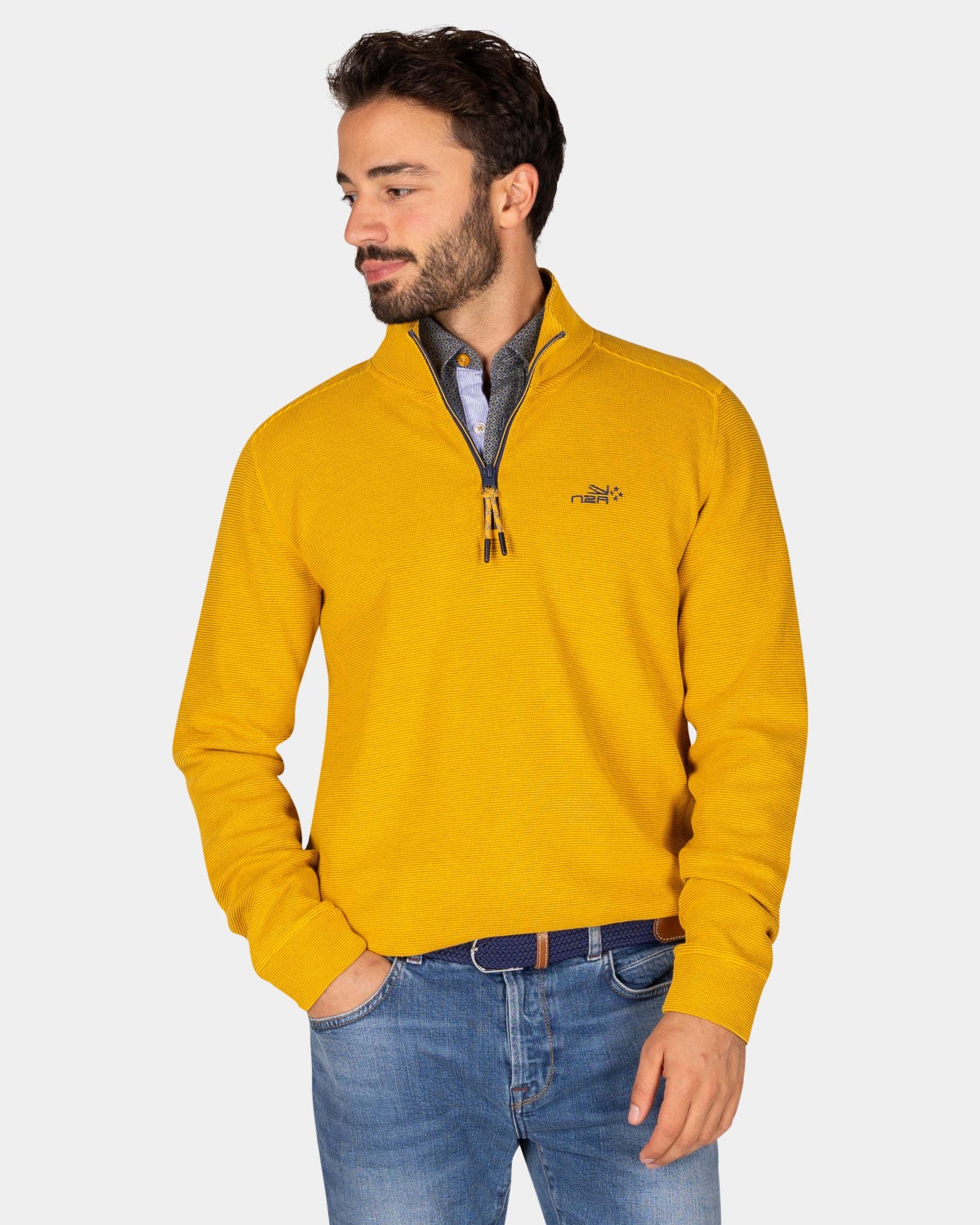 Ochre yellow cotton half-zip sweater - Warm Ocre