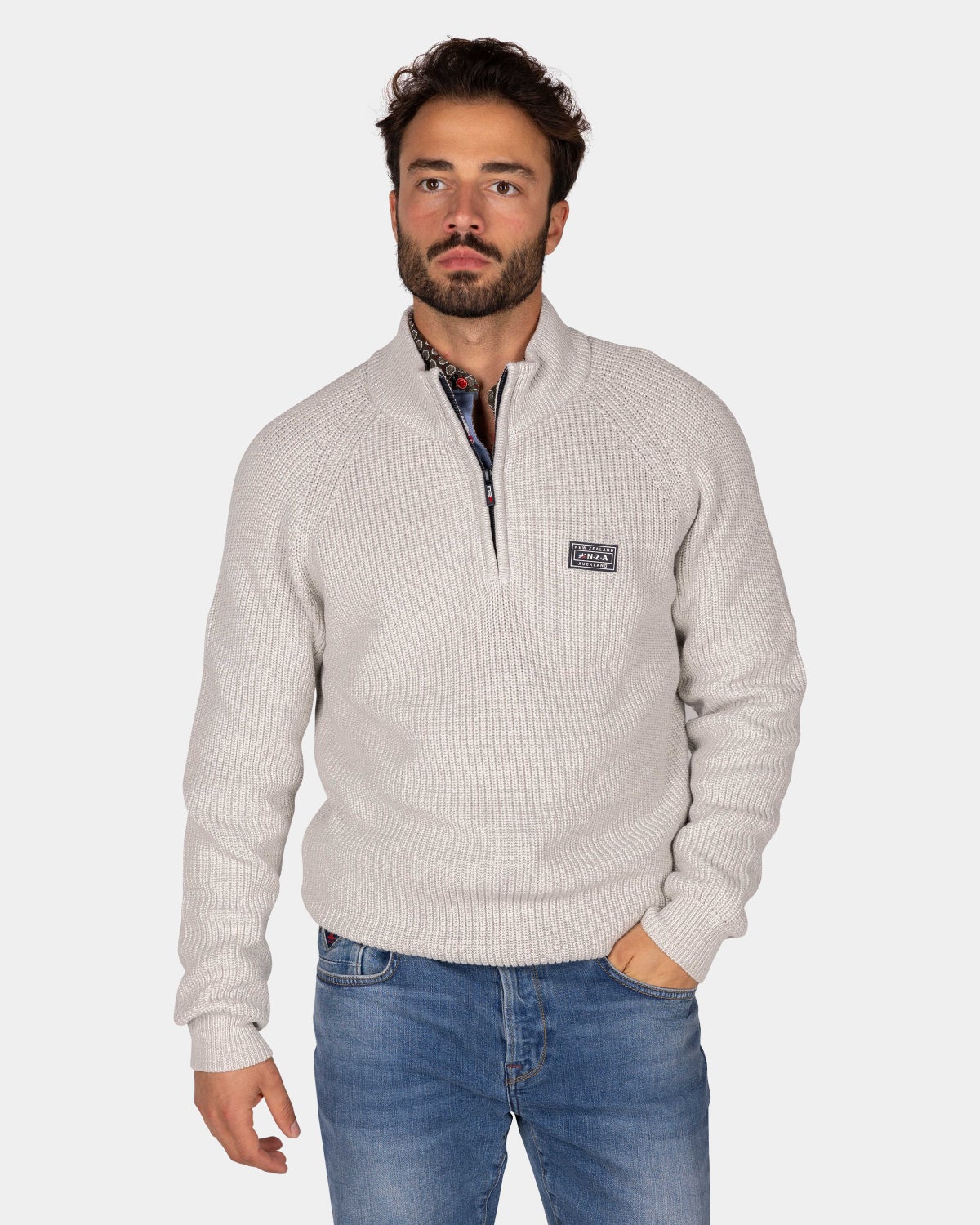 Gray cotton sweater with half-zip - Grey Melange