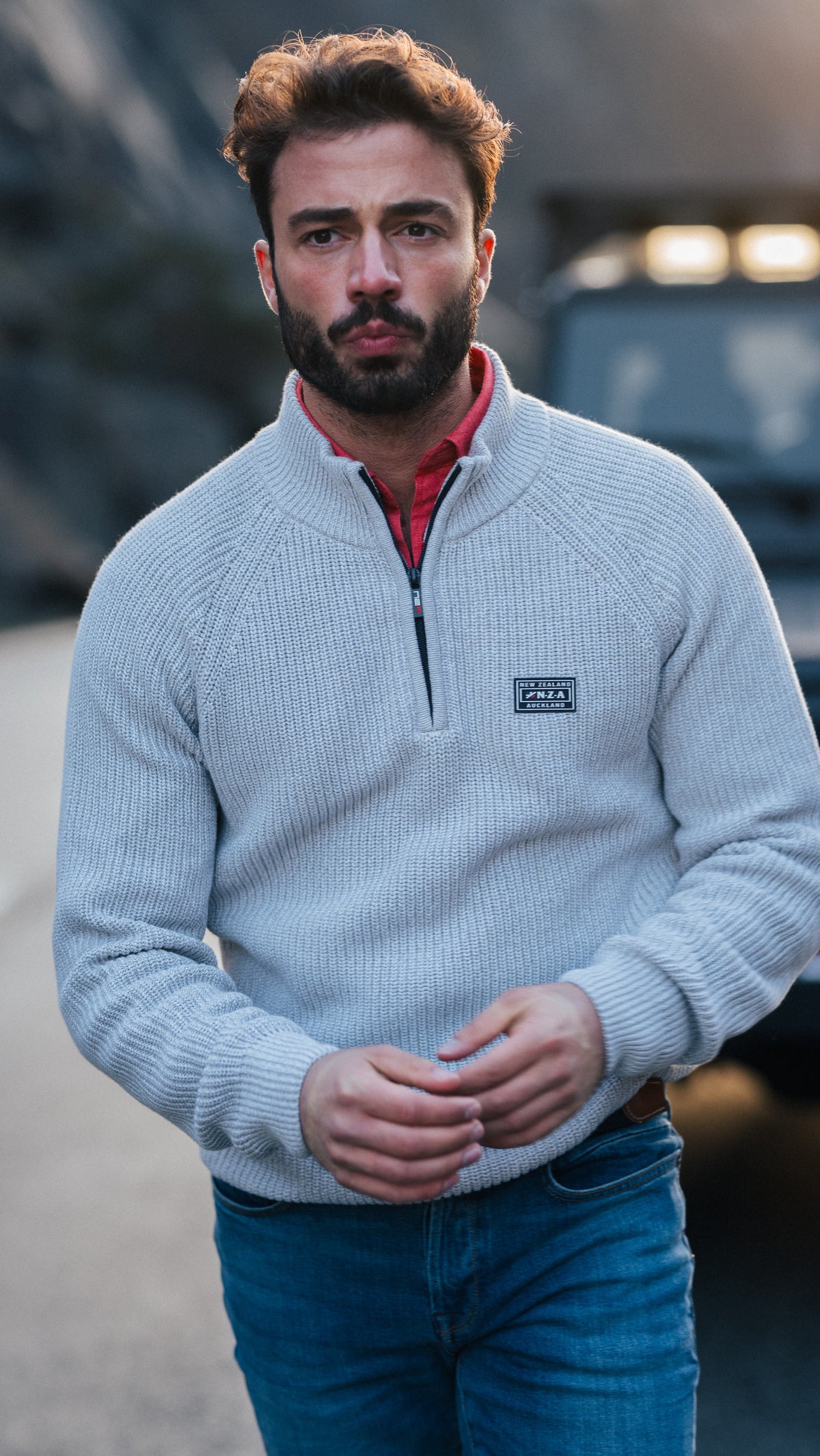 Gray cotton sweater with half-zip - Grey Melange