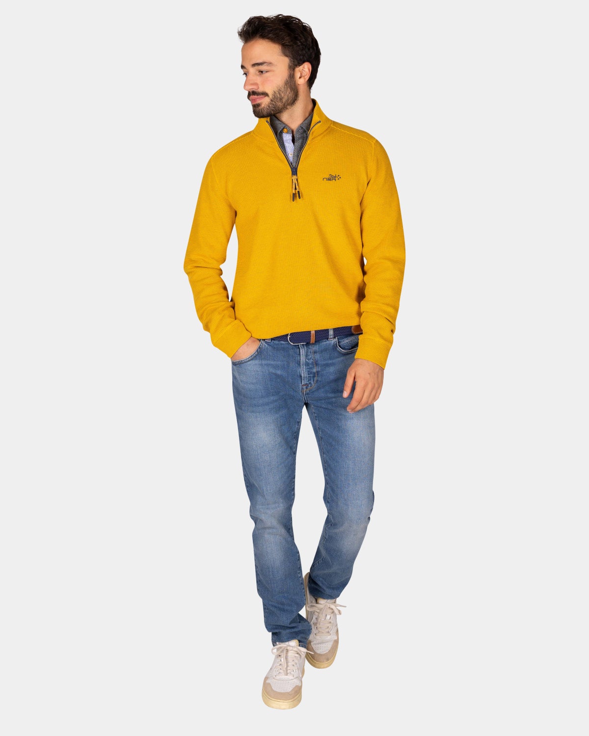 Ochre yellow cotton half-zip sweater - Warm Ocre