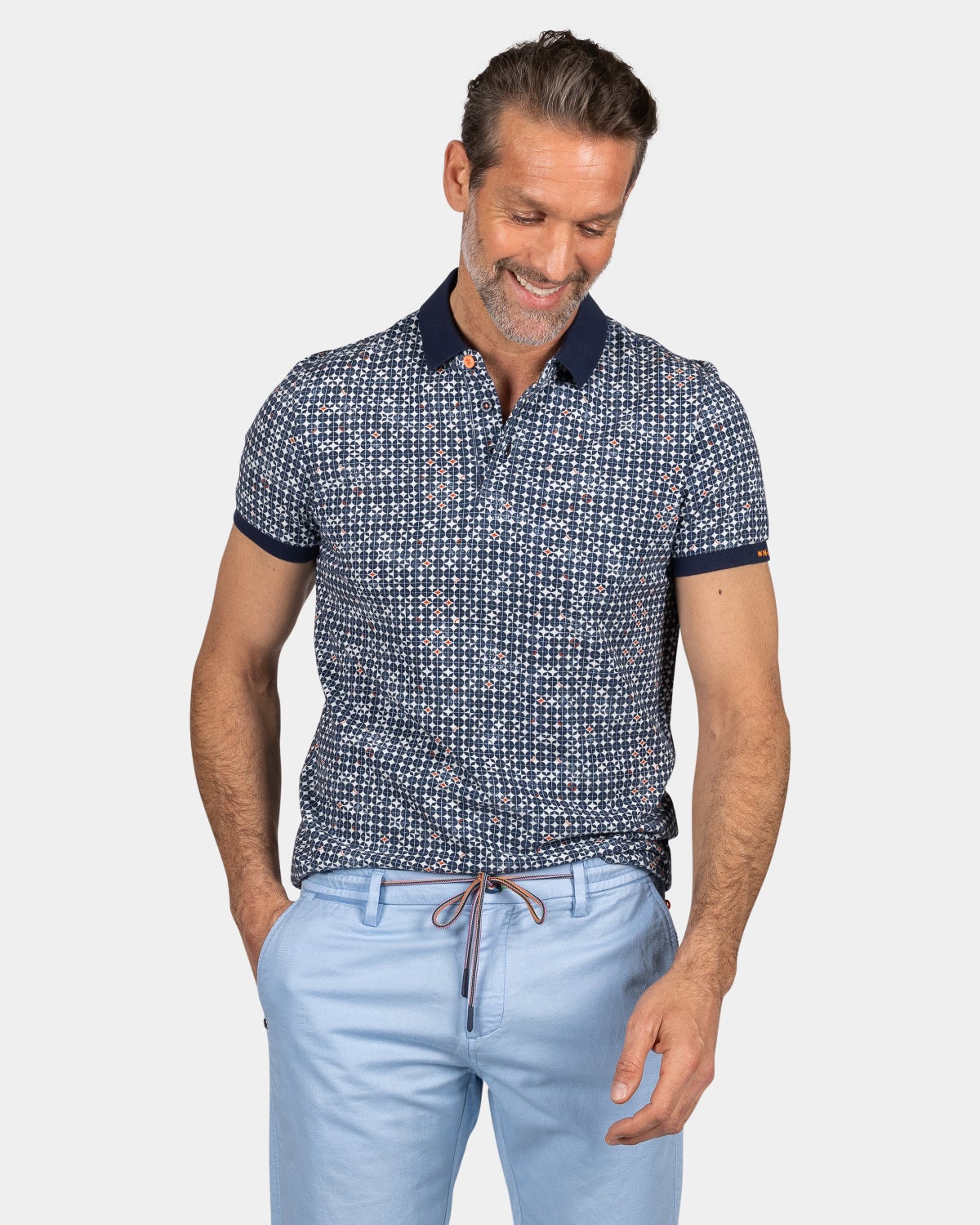 Cotton polo with graphic print - Ocean Navy