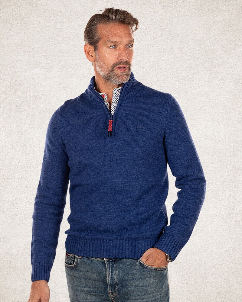 Wool plain half zip pullover - Bright Water Blue