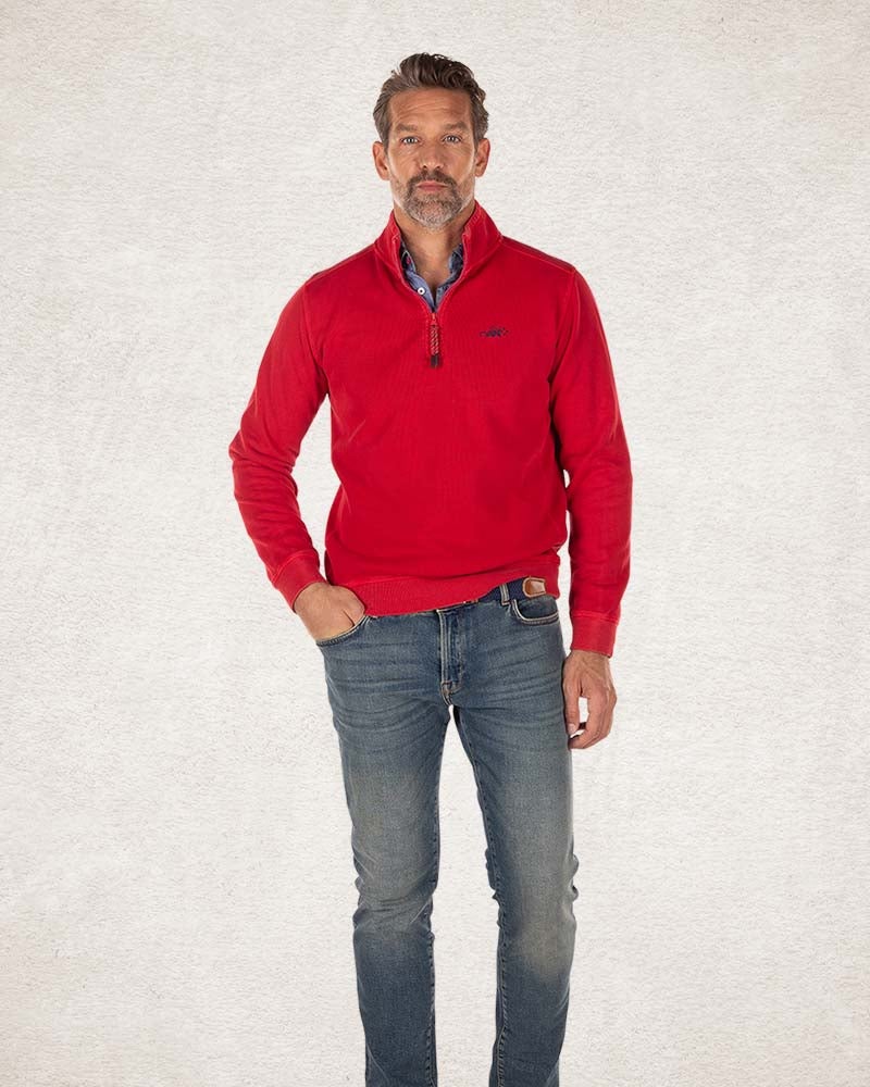 Cotton rib half zip sweater - Carmine Red