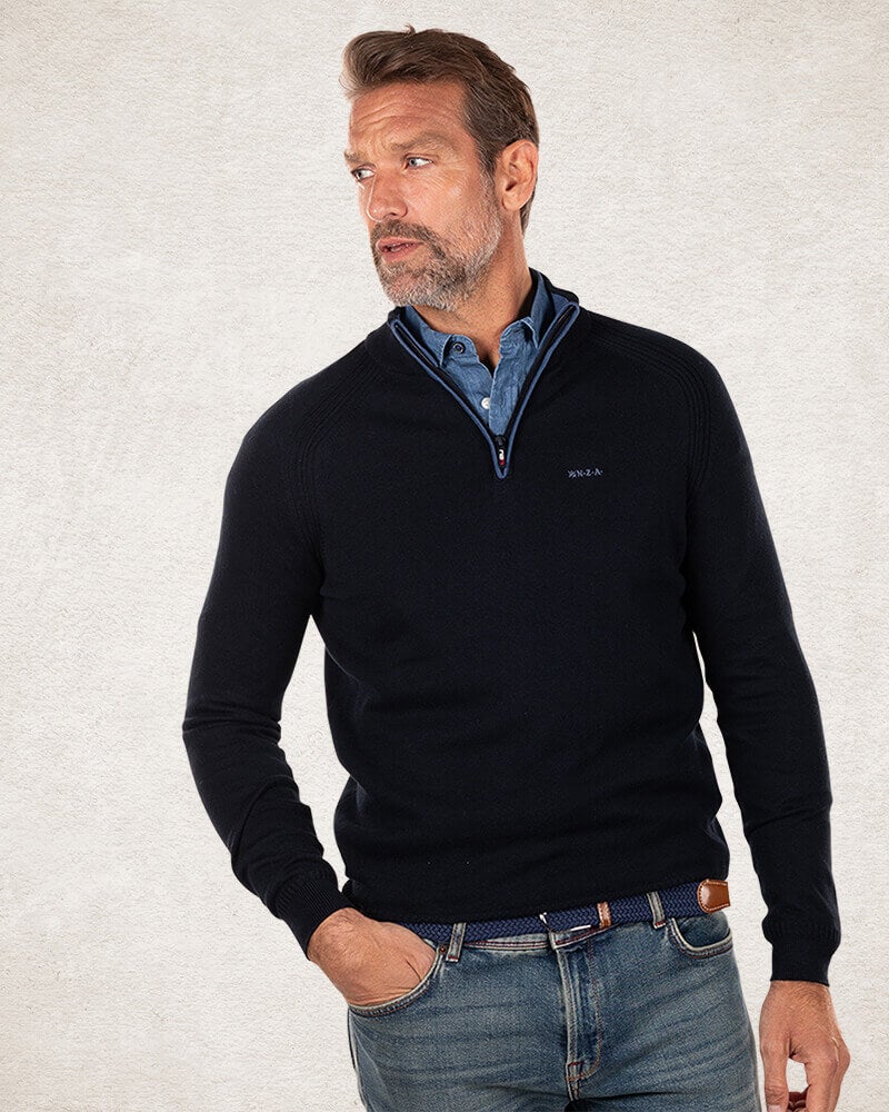Cotton cashmere half zip pullover - Charcoal Navy