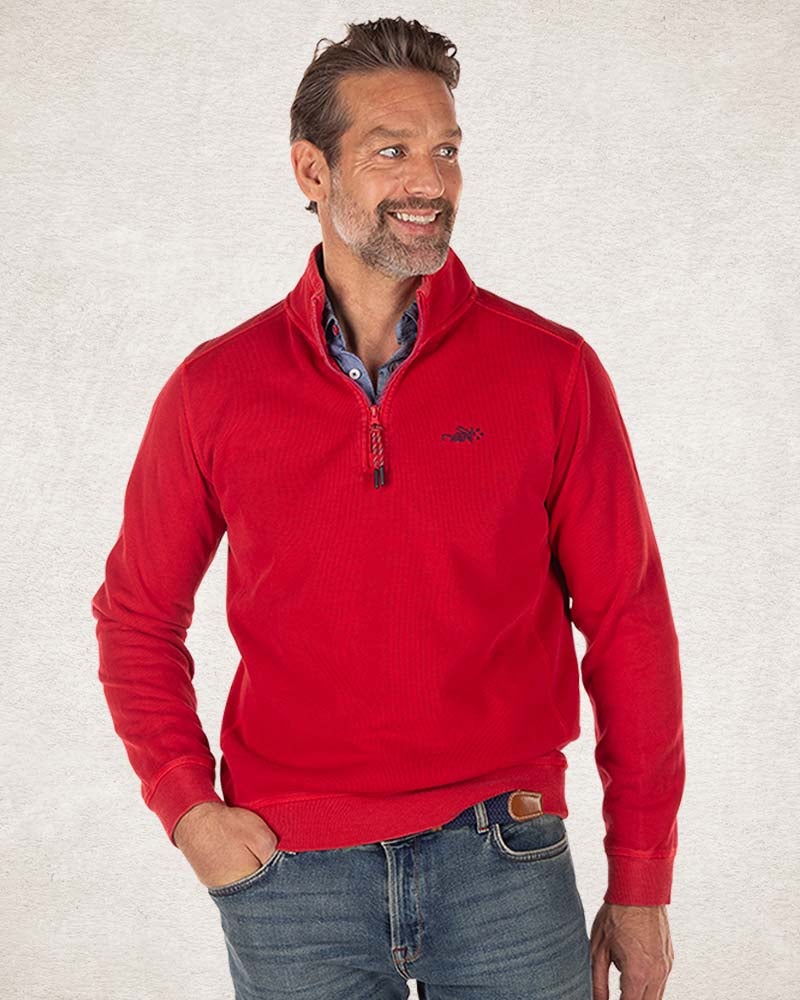 Cotton rib half zip sweater - Carmine Red