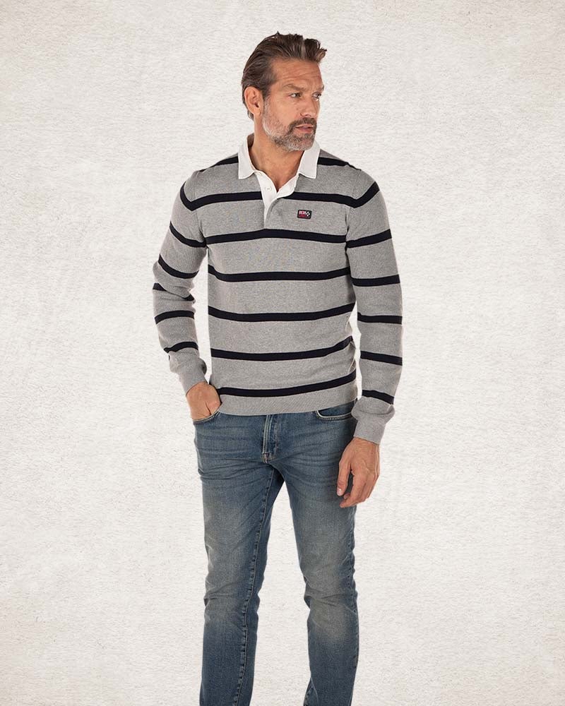 Knitted striped rugby shirt - Grey Melange