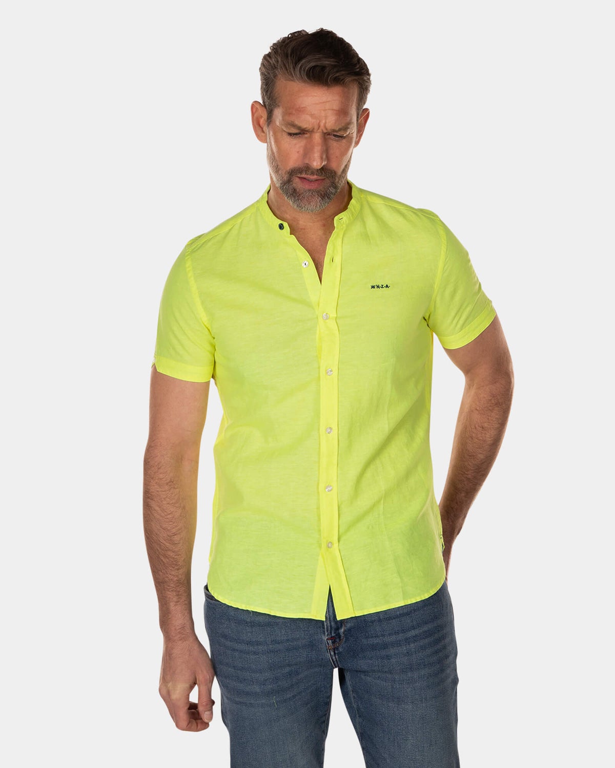 Plain linen shirt without collar -  short sleeves - High Summer Yellow