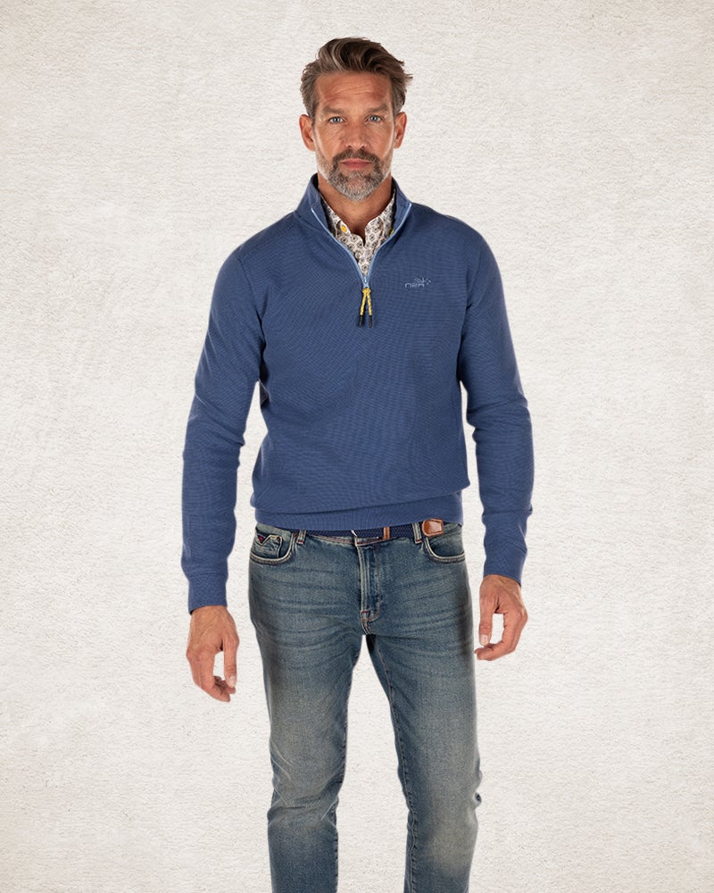 Plain half-zip sweater from cotton lead blue