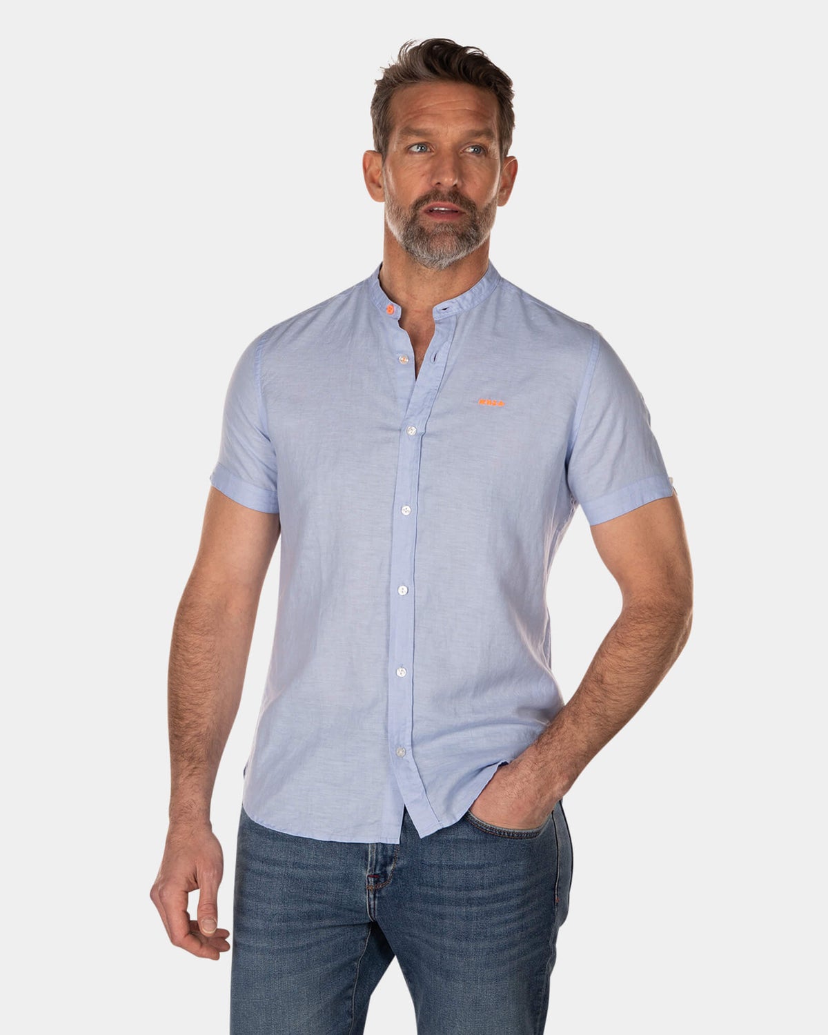 Plain linen shirt without collar -  short sleeves - Light Blue