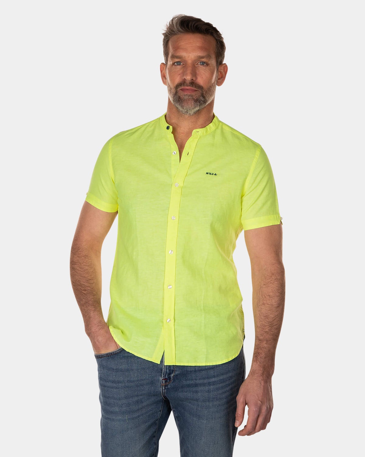 Plain linen shirt without collar -  short sleeves - High Summer Yellow
