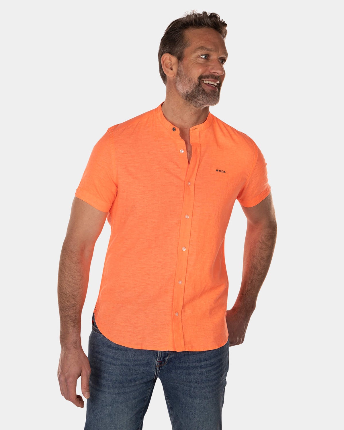 Plain linen shirt without collar -  short sleeves - High Summer Orange