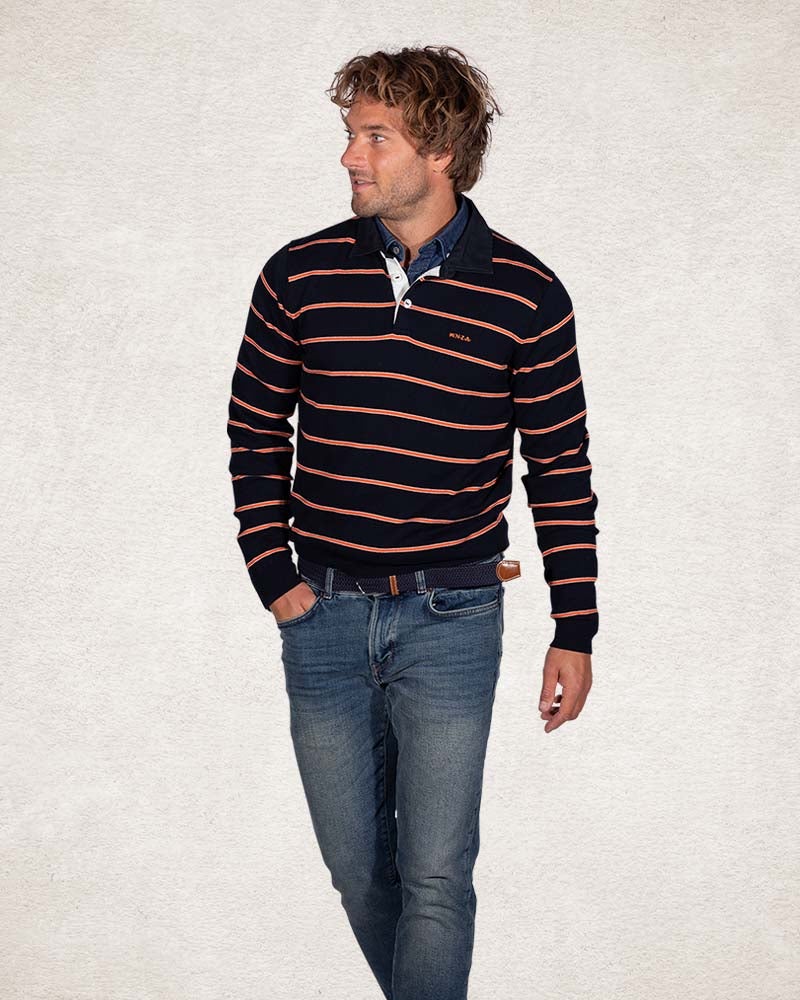 Navy rugby shirt with orange stripes - Pitch Navy