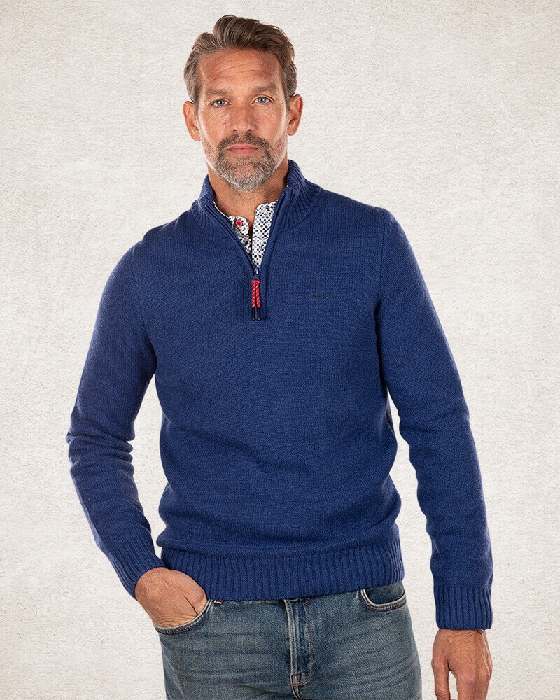 Wool plain half zip pullover - Bright Water Blue