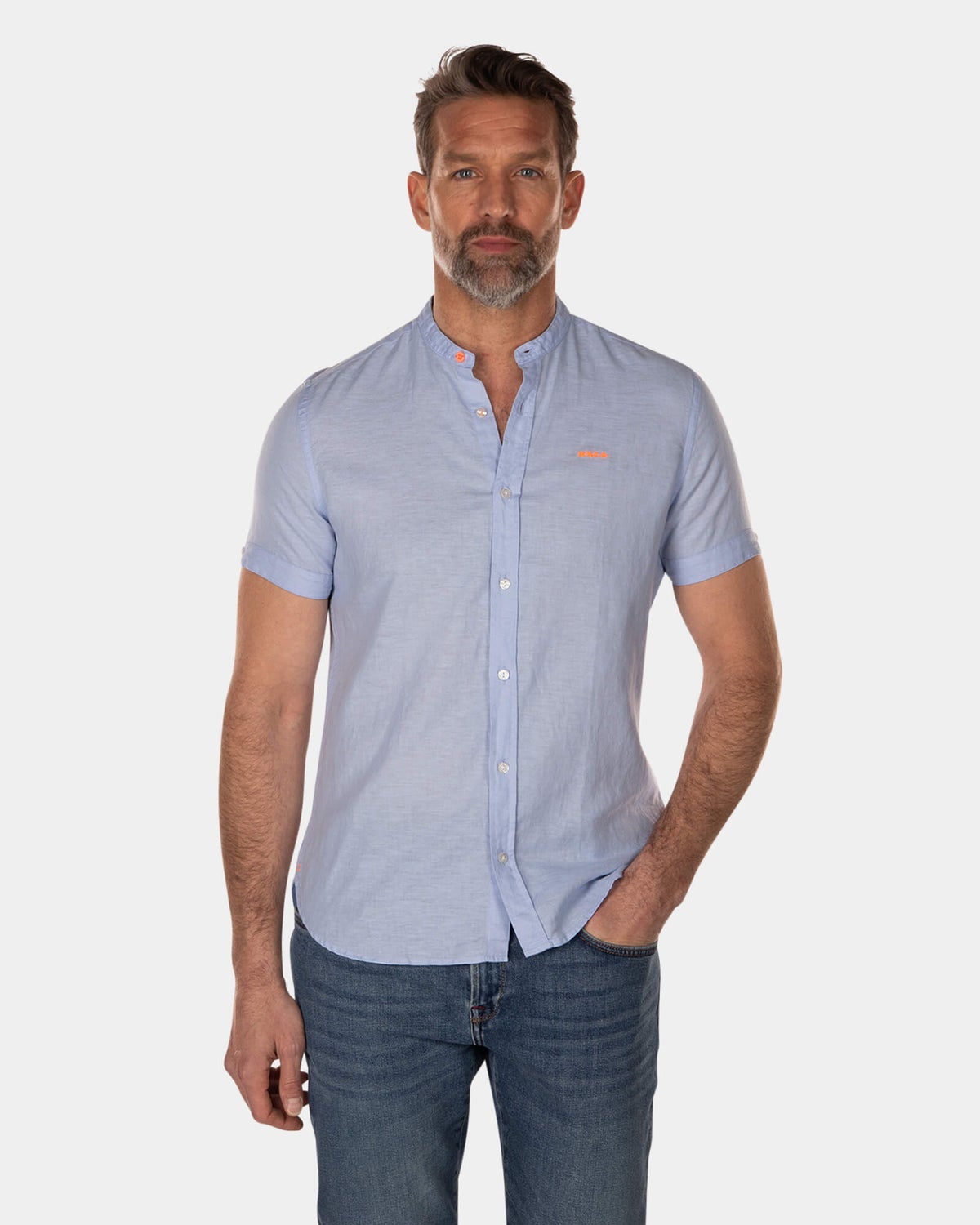 Plain linen shirt without collar -  short sleeves - Light Blue