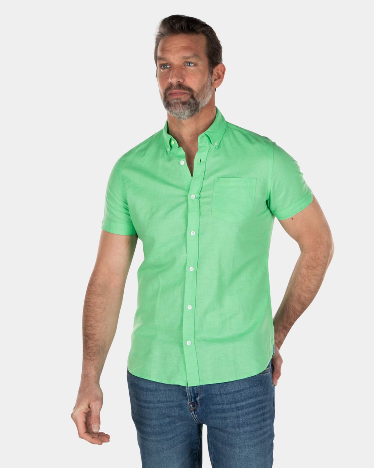 Camisa manga corta lino color liso - Sea Green