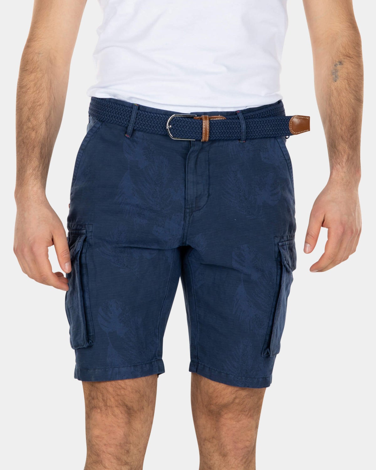 Printed linen cotton cargo shorts - Key Navy