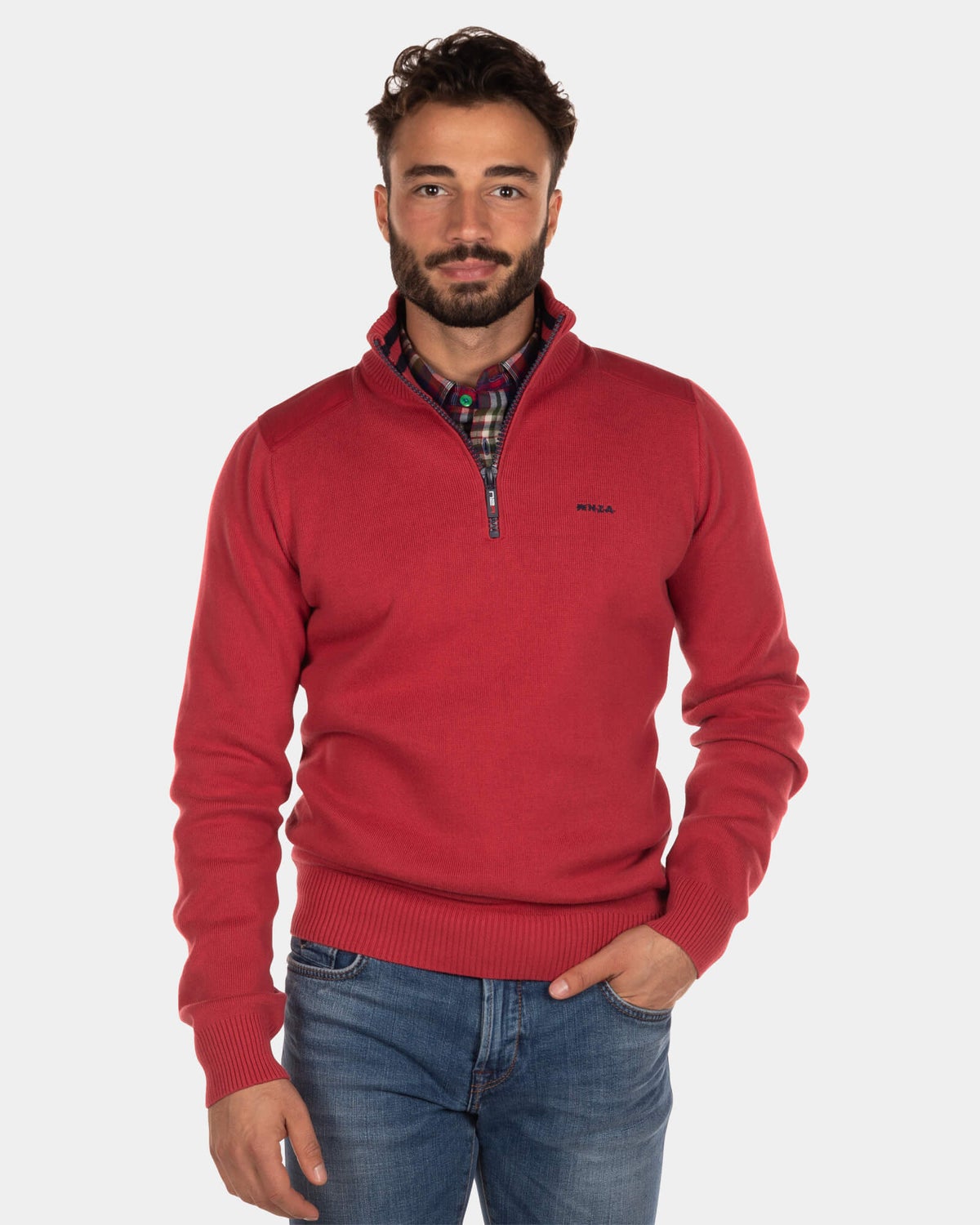 Einfarbiger Pullover mit halbem Reißverschluss Oroua - Cardinal Red