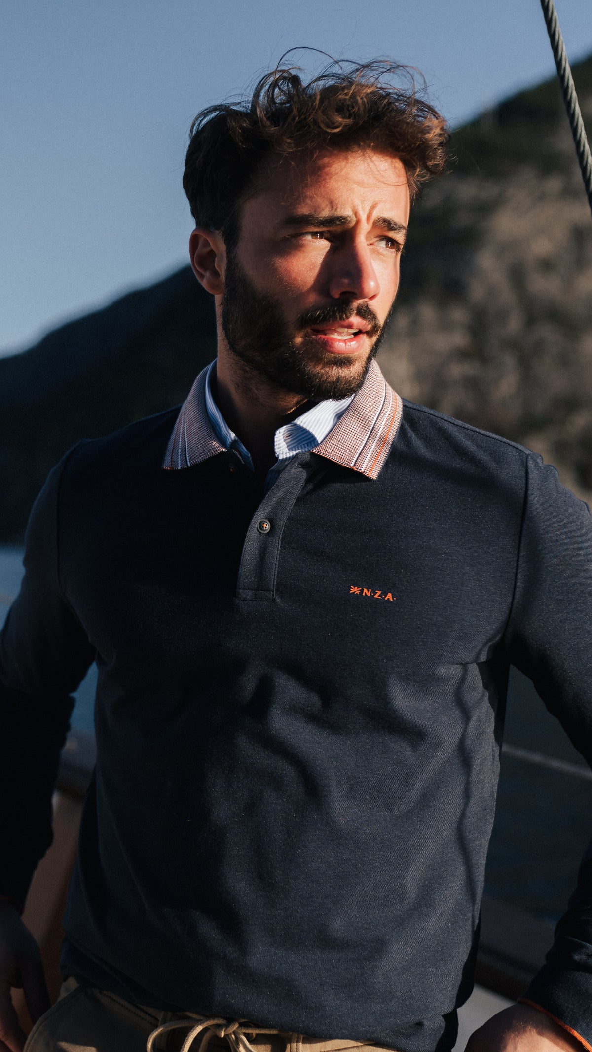 Donkerblauwe longsleeve polo met gestreepte kraag - Autumn Navy