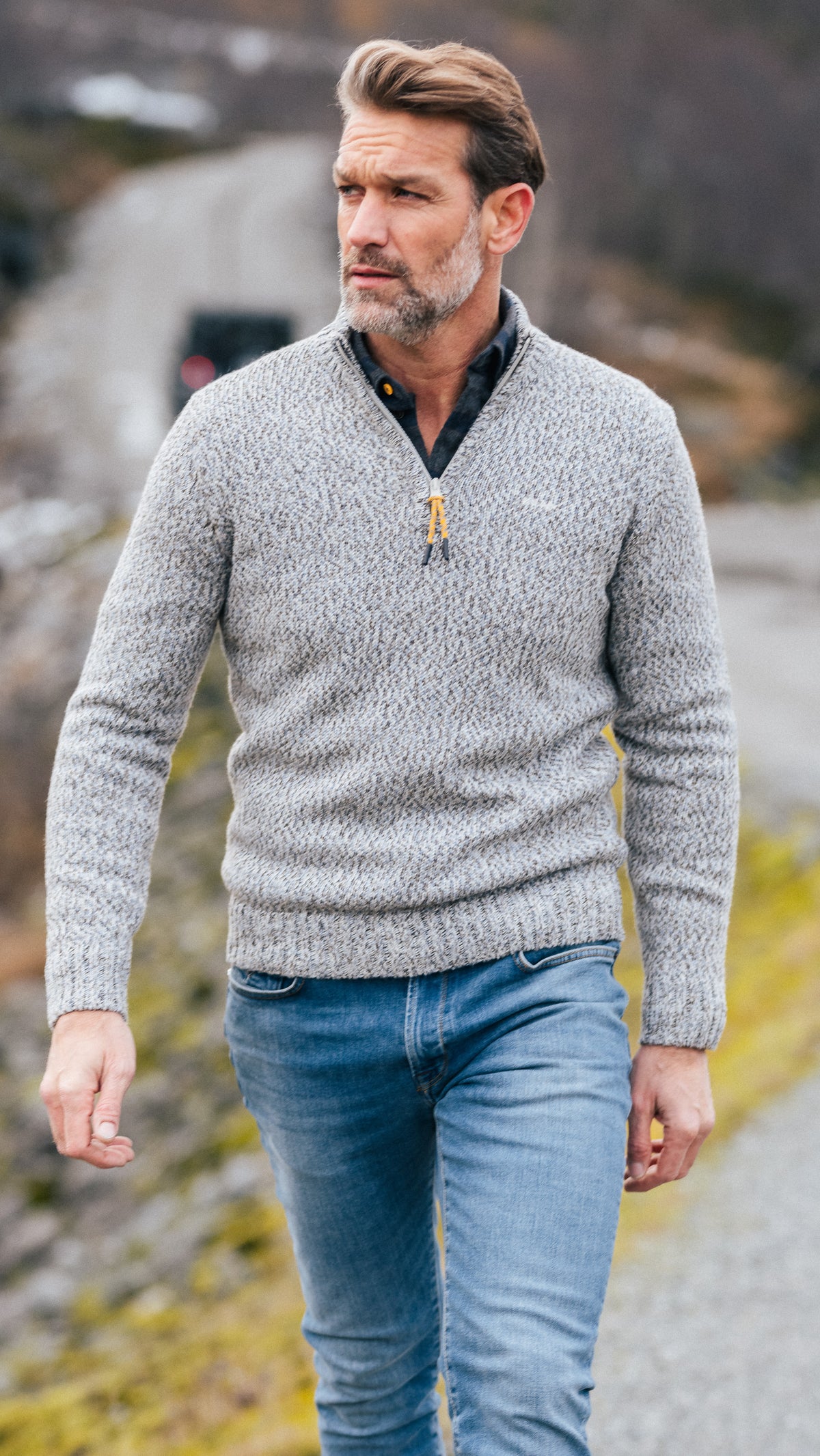 Grauer Wollpullover mit halbem Reißverschluss - Birch Grey Melange