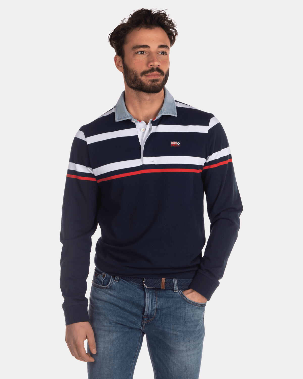 Grofgestreept Rugby Shirt Blauw Wit Rood - Industrial Navy