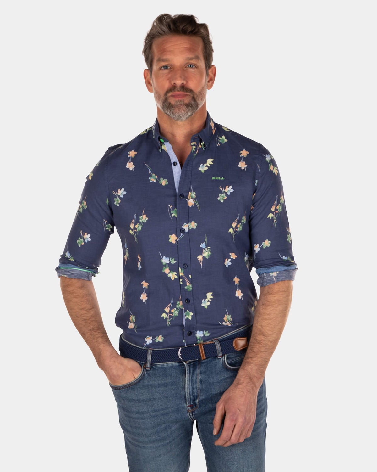 Linnen katoenen overhemd met bloemenprint - Key Navy