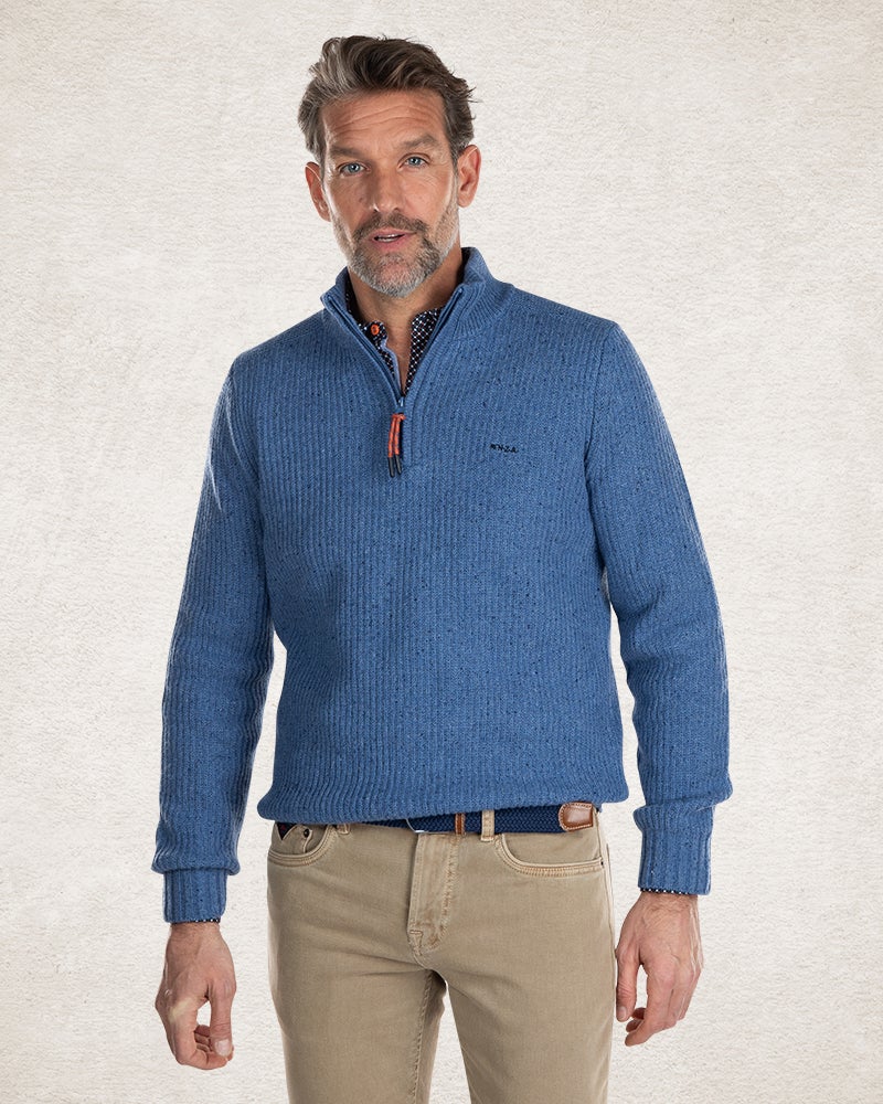 Pullover mit halbem Reißverschluss aus Wolle und Baumwolle - Cloudy Blue