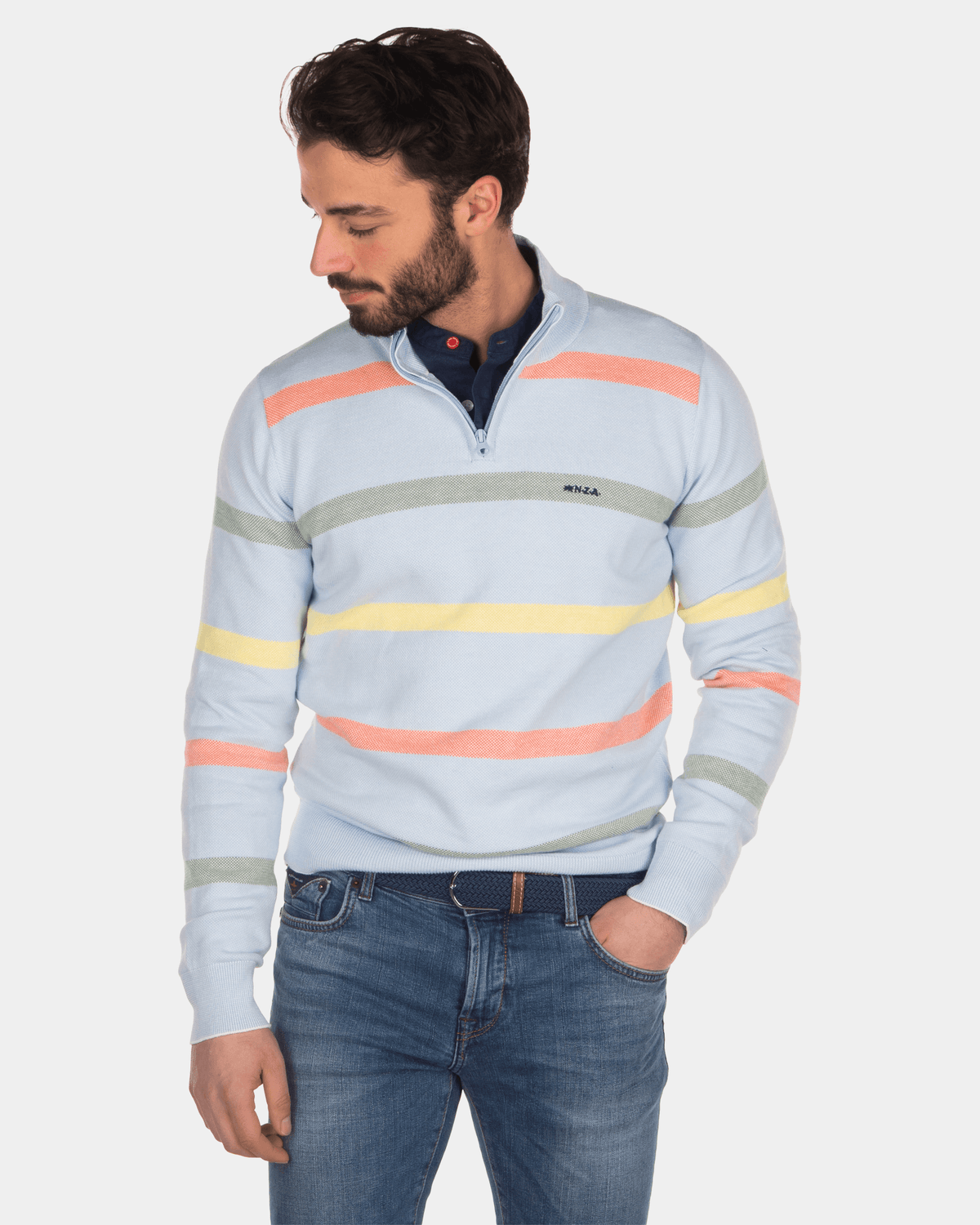 Striped cotton half zip pullover blue - Bright Sky