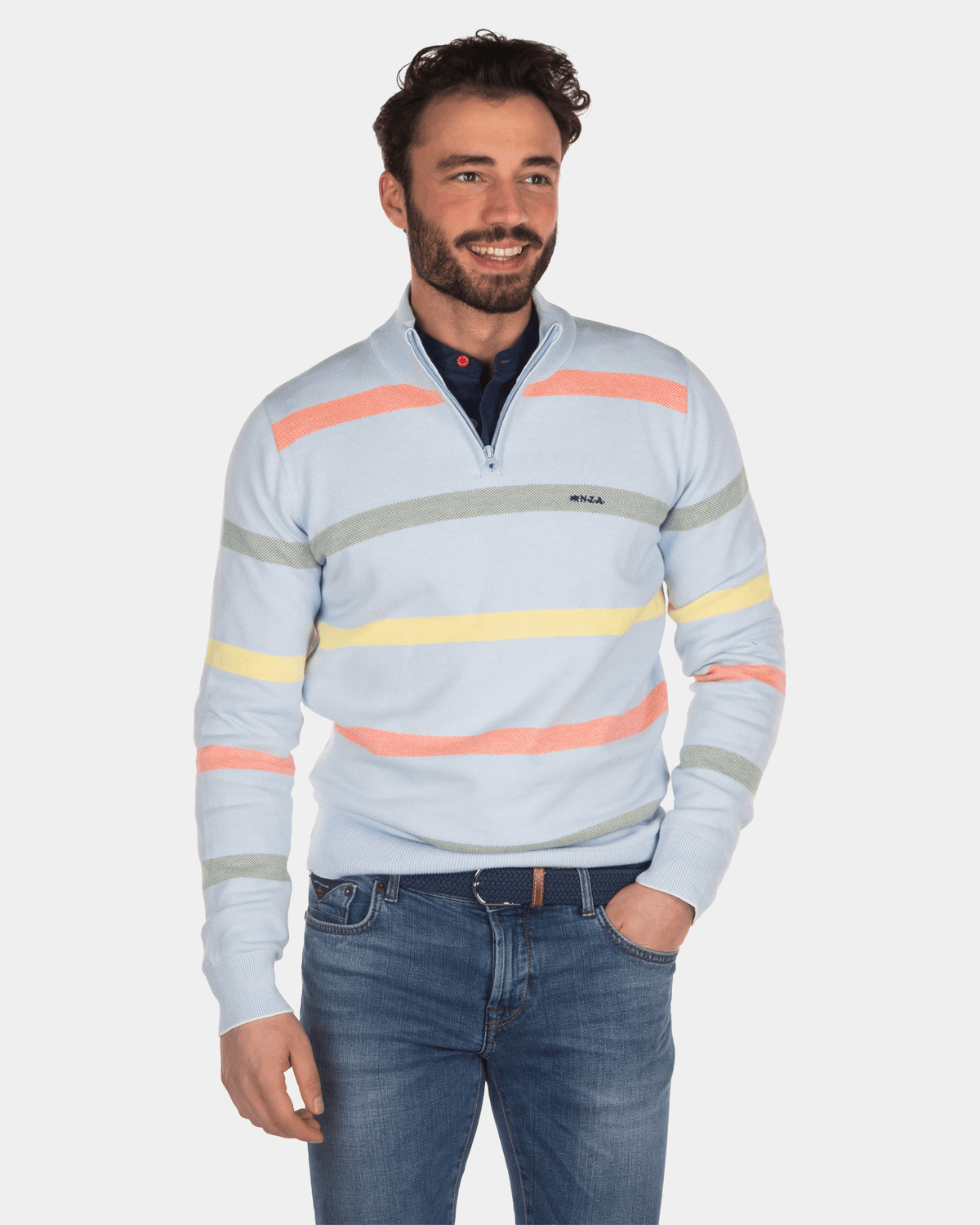 Gestreifter Pullover mit halbem Reißverschluss aus Baumwolle in Blau - Bright Sky