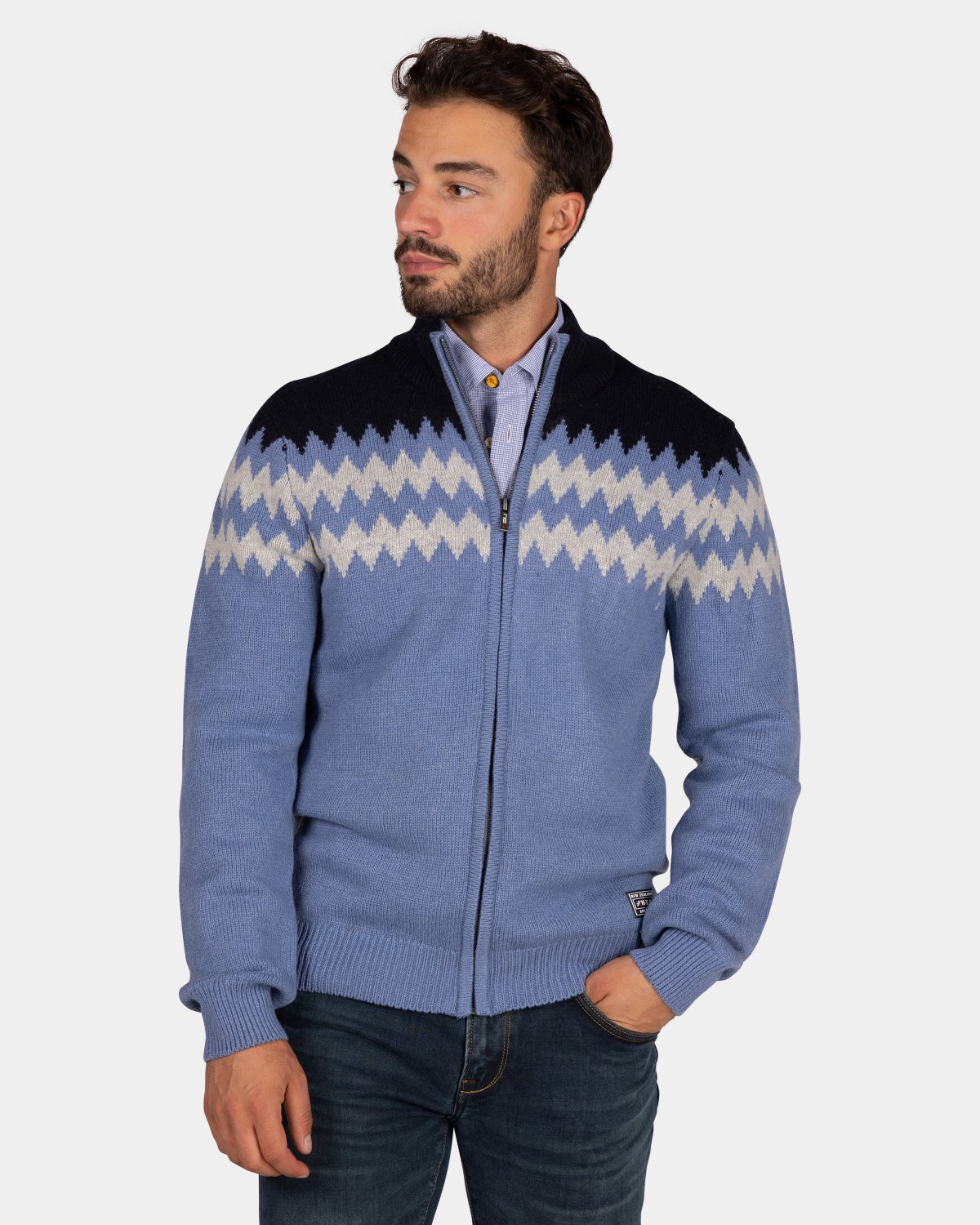 Blue wool cardigan with white pattern - Mineral Blue