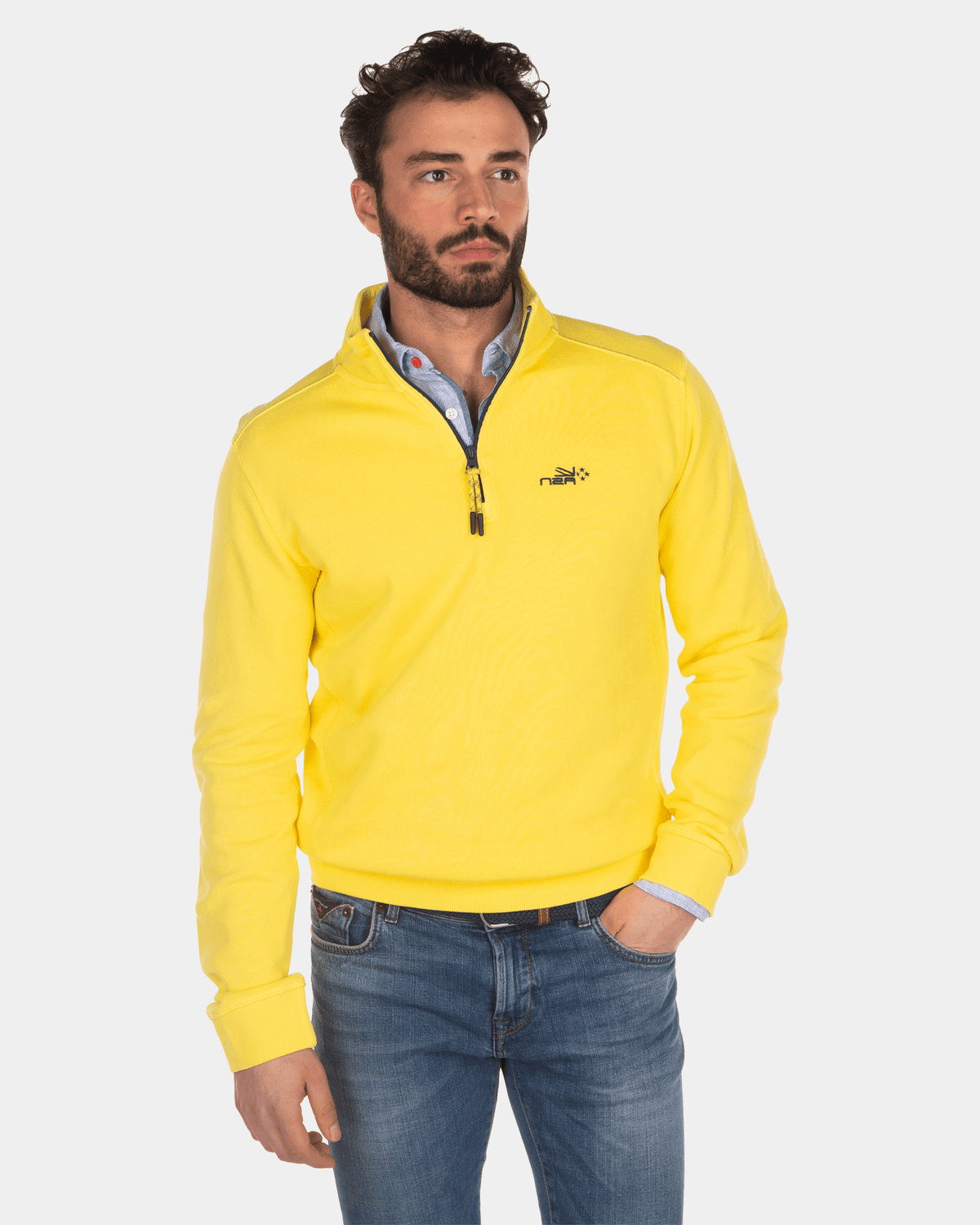 Katoenen sweater met halve rits - Country Yellow