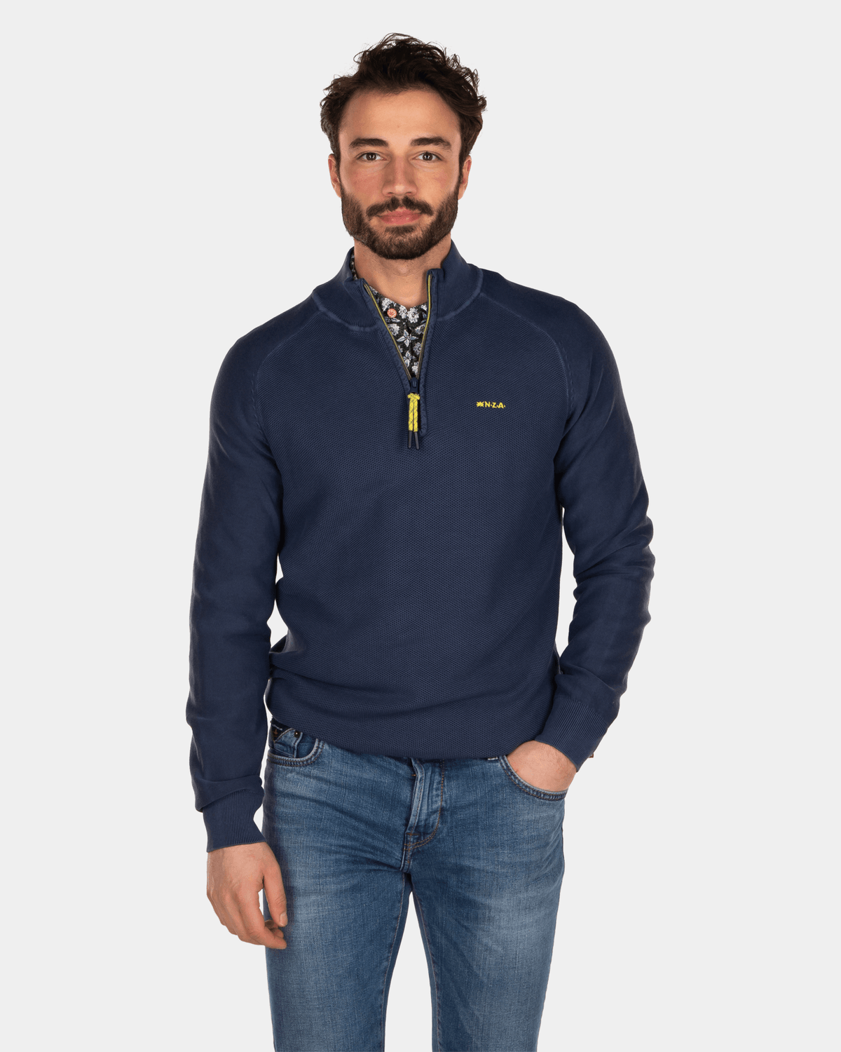 Einfarbiger Pullover mit halbem Reißverschluss aus Baumwolle - Key Navy