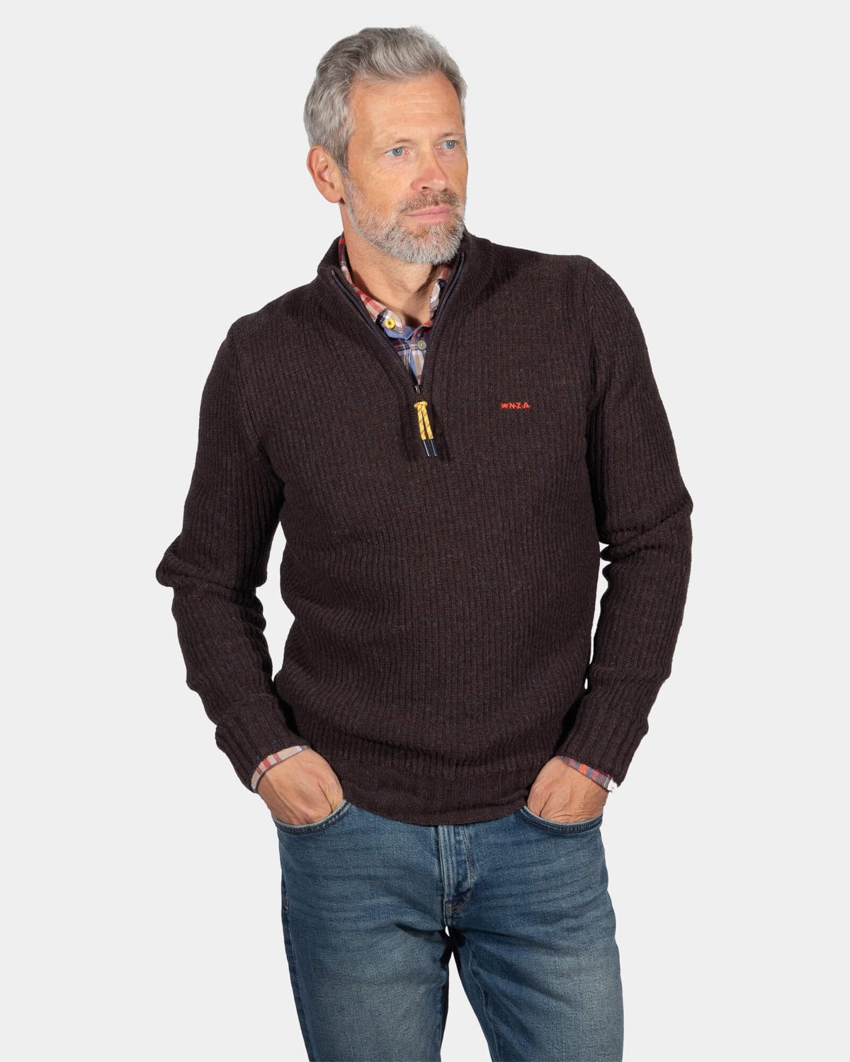 Einfarbiger Pullover mit halbem Reißverschluss Dry - Clay Brown