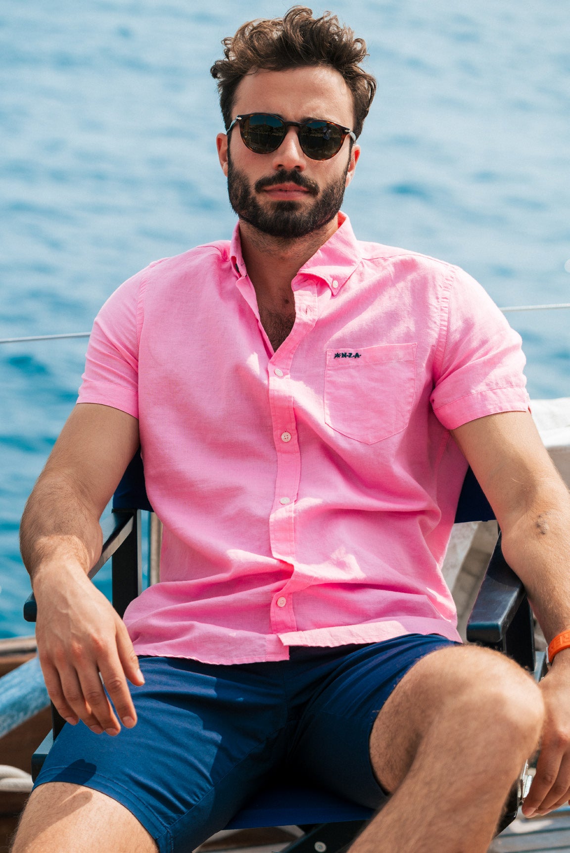 Linen shirt with short sleeves - Bright Pink