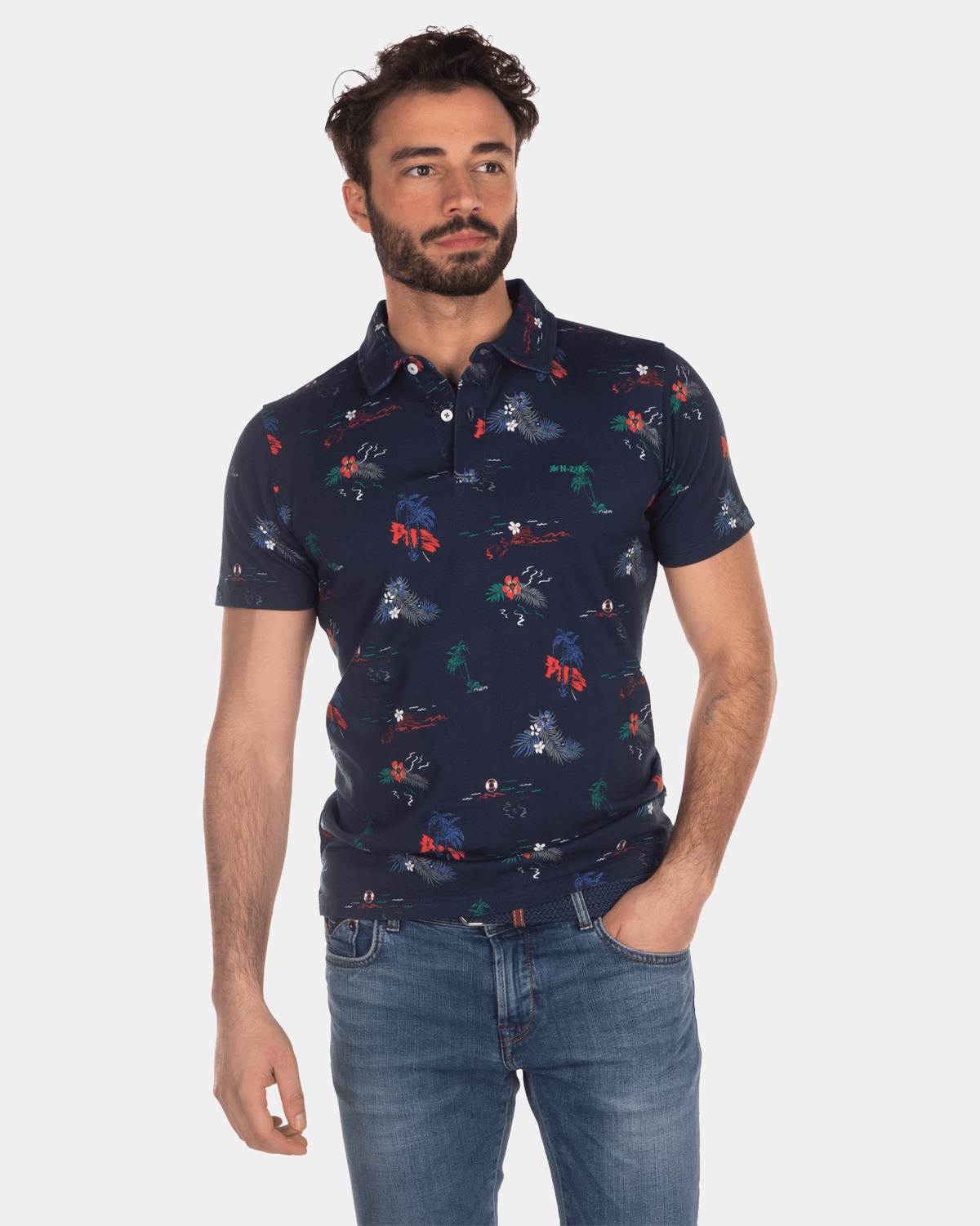 Polo de algodón con estampado de hojas azul oscuro - Industrial Navy