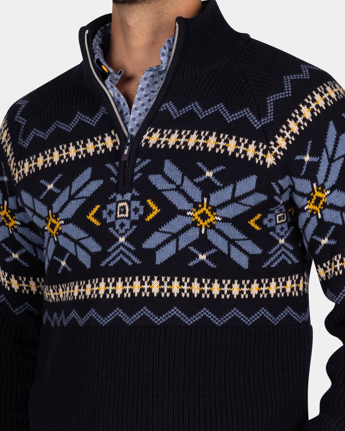 Navy pullover met halve rits en gekleurd motief - Winter Navy