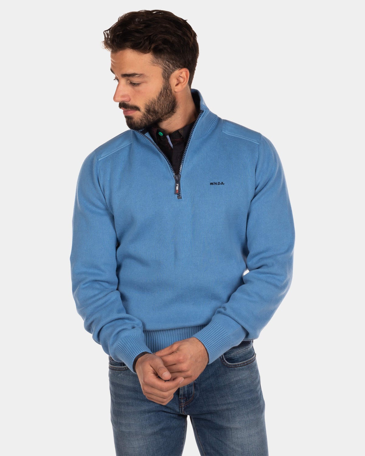 Einfarbiger Pullover mit halbem Reißverschluss Oroua - Cook's Blue