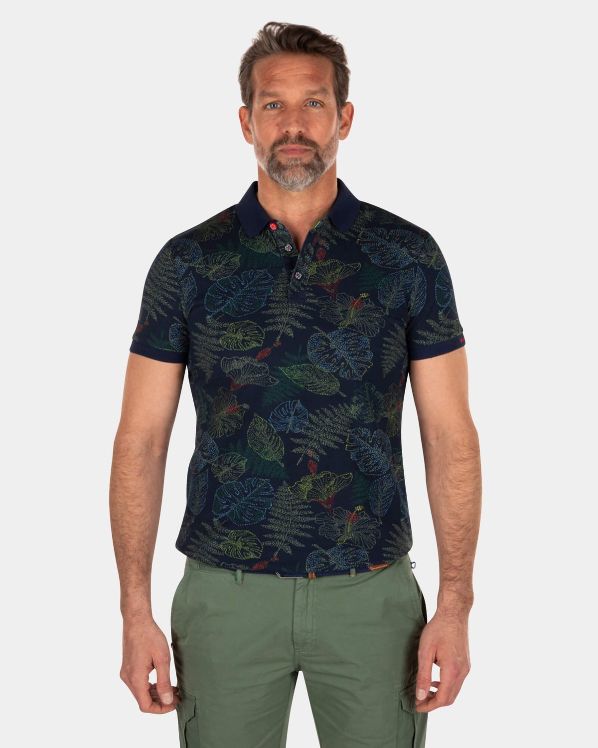 Marineblaues Poloshirt mit Blattdruck - Key Navy