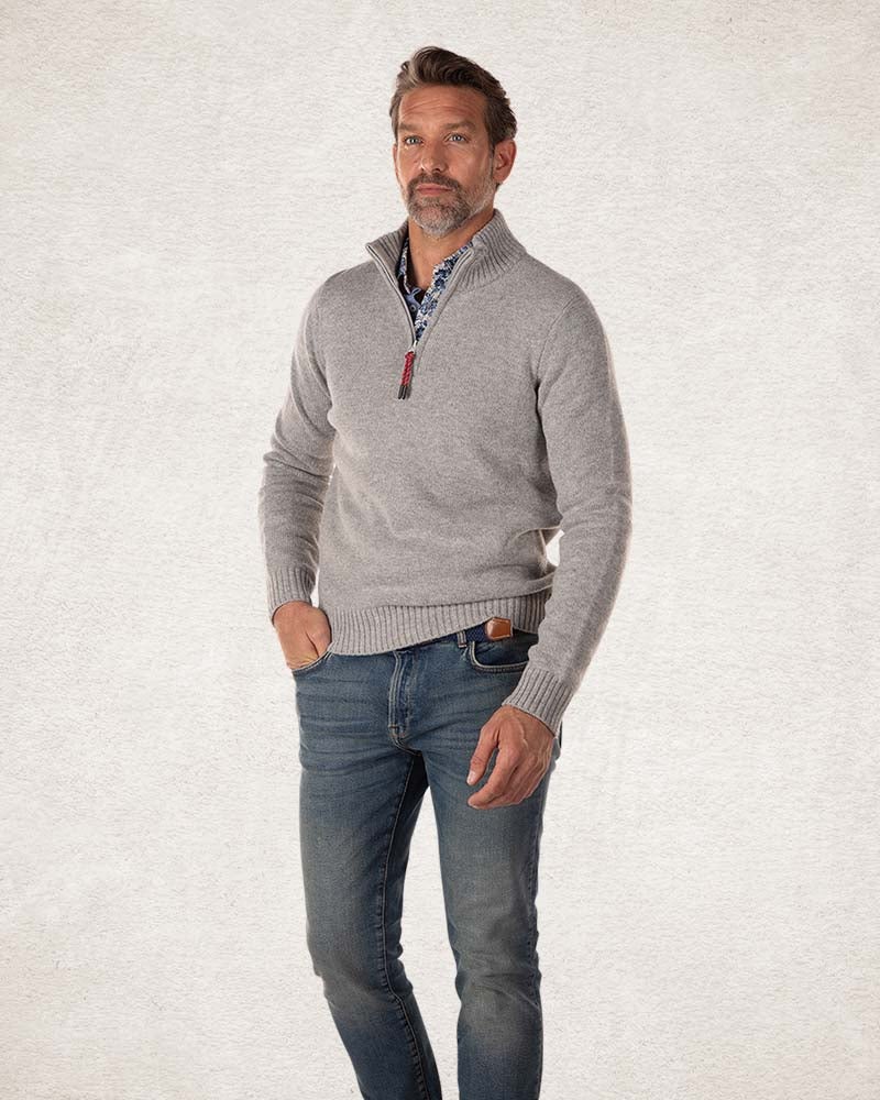Einfarbiger Pullover mit halbem Reißverschluss - Grey Melange
