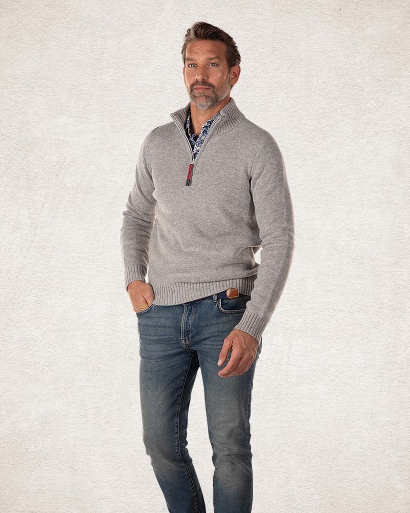 Wool plain half zip pullover - Grey Melange