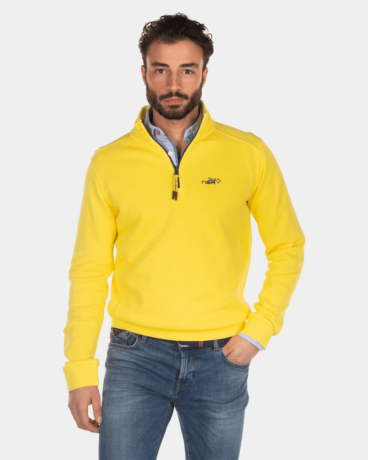 Katoenen sweater met halve rits - Country Yellow