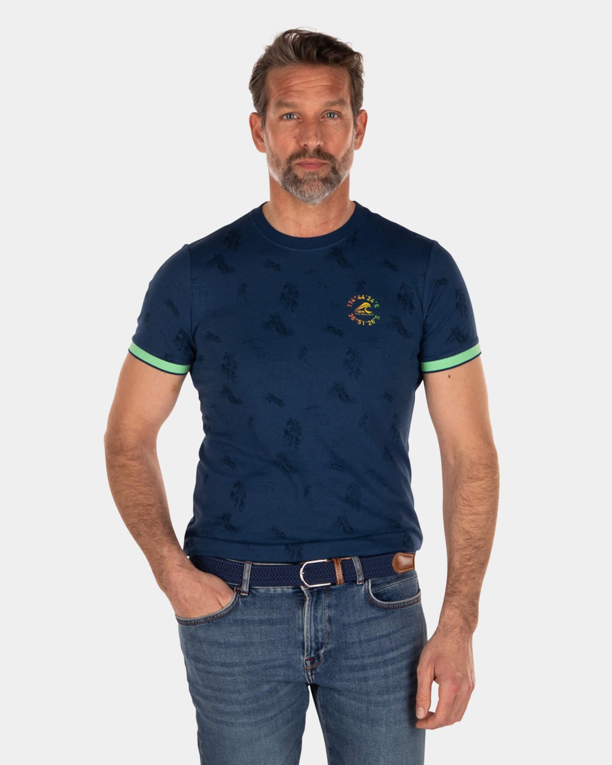 Donkerblauw t-shirt met ronde hals en bladerprint - Key Navy