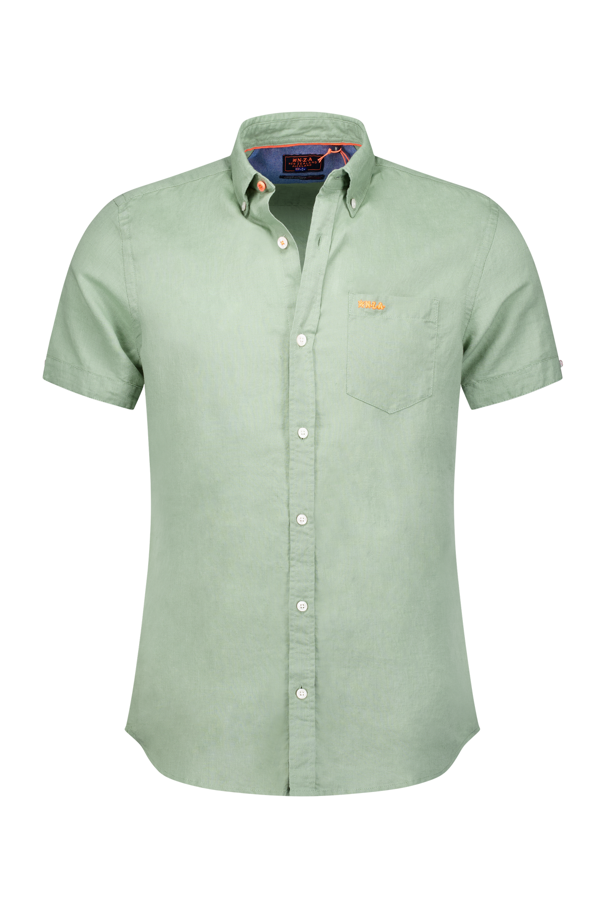 Camisa de lino con manga corta. - Soft Olive