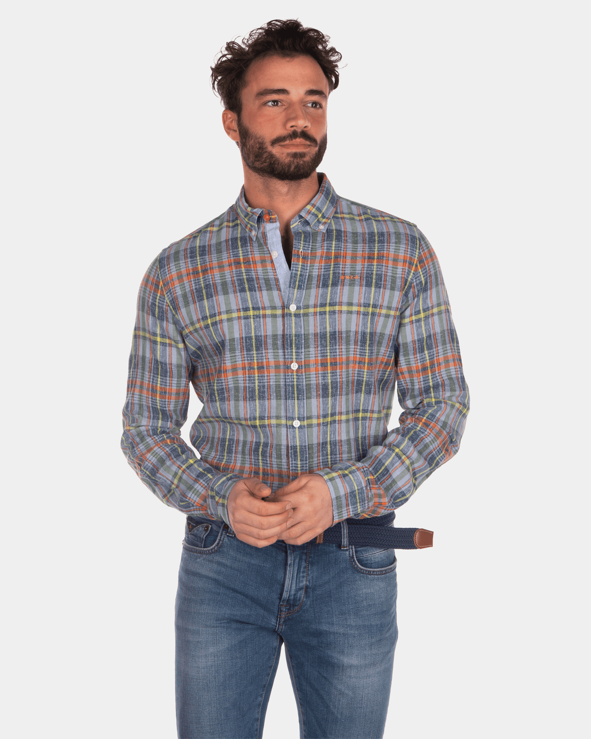 Checkered linen shirt blue yellow red - Blue Multicolour