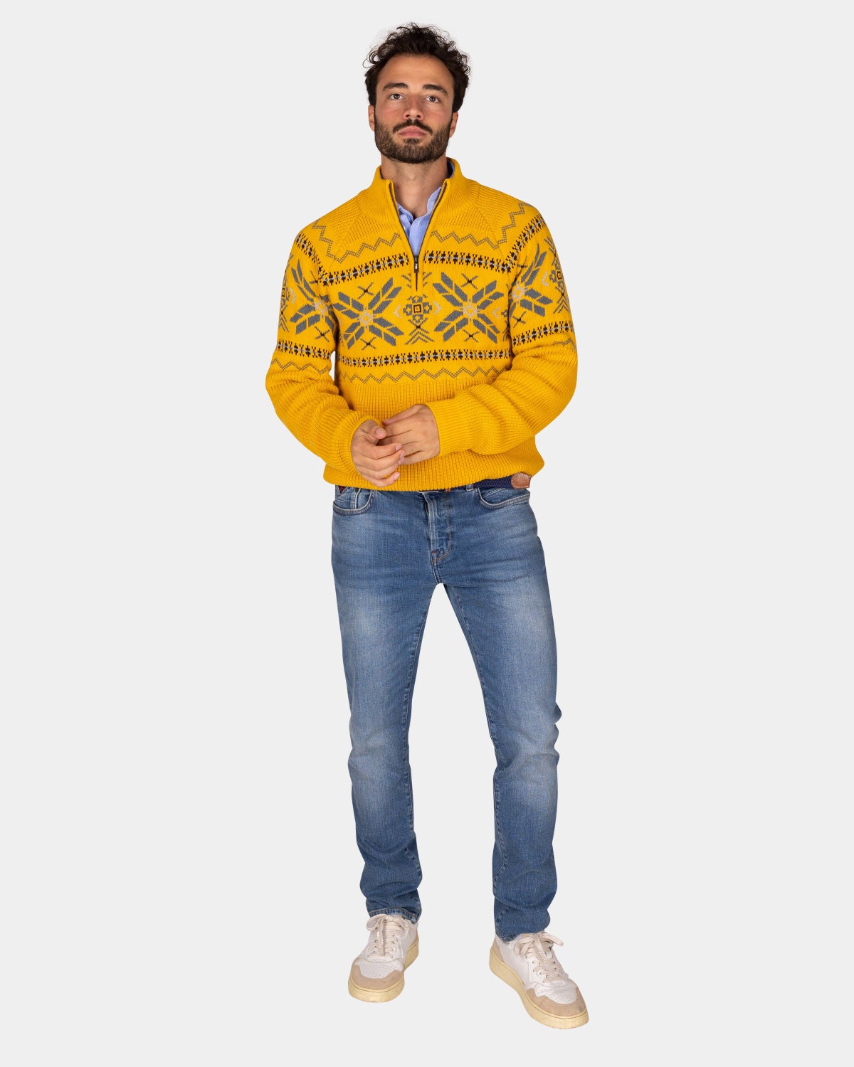 Okergele pullover met halve rits en gekleurd motief - Warm Ocre