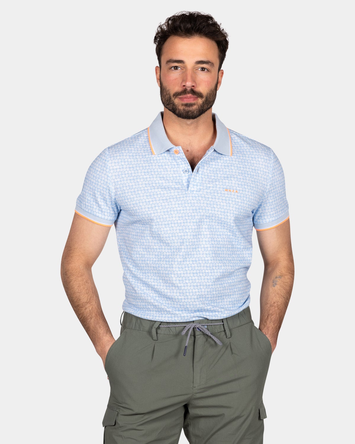 Cotton poloshirt with light polka dot print - Light Sky