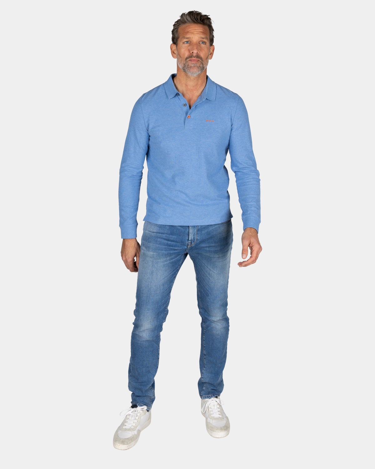 Light blue cotton long sleeve polo - Frozen Blue