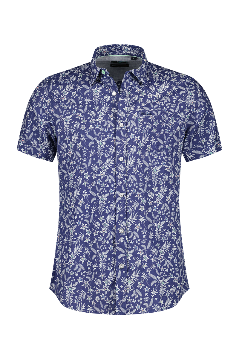 Camisa de lino de manga corta con estampado floral. - Dusk Navy