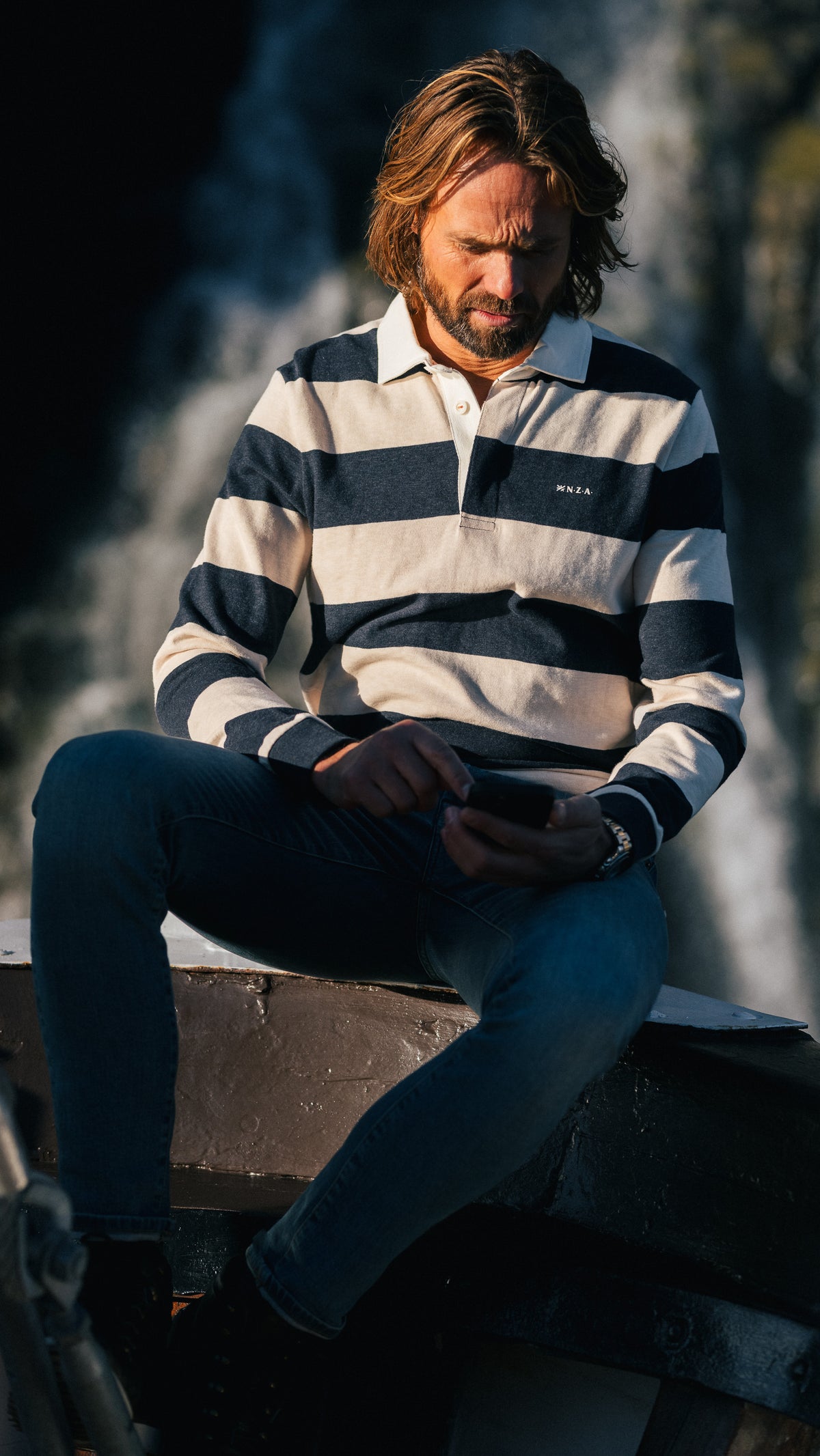 Striped black and white rugby shirt - Powder Sand