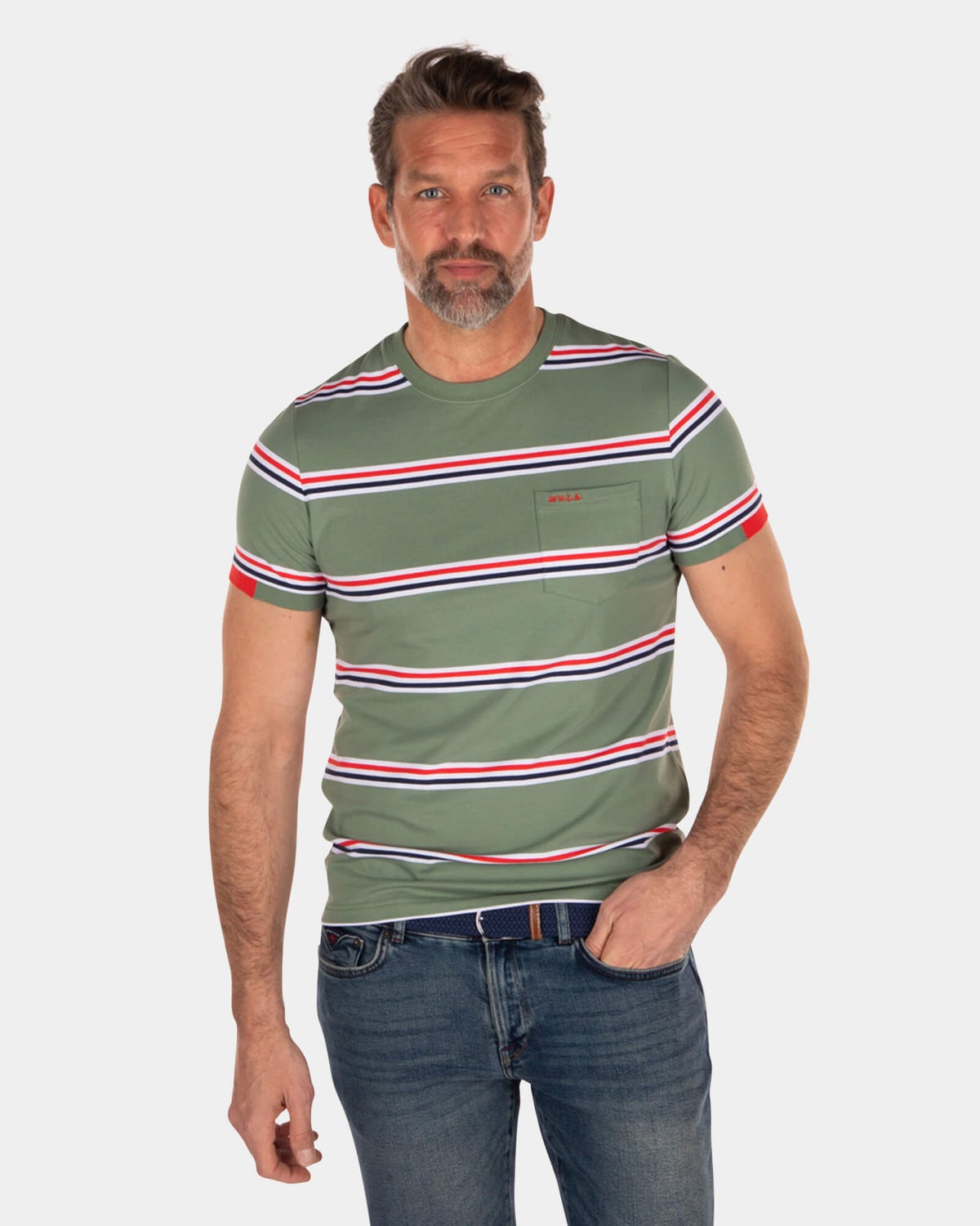 T-Shirt aus Baumwollstretch mit Streifen grün rot blau weiß - Active Army